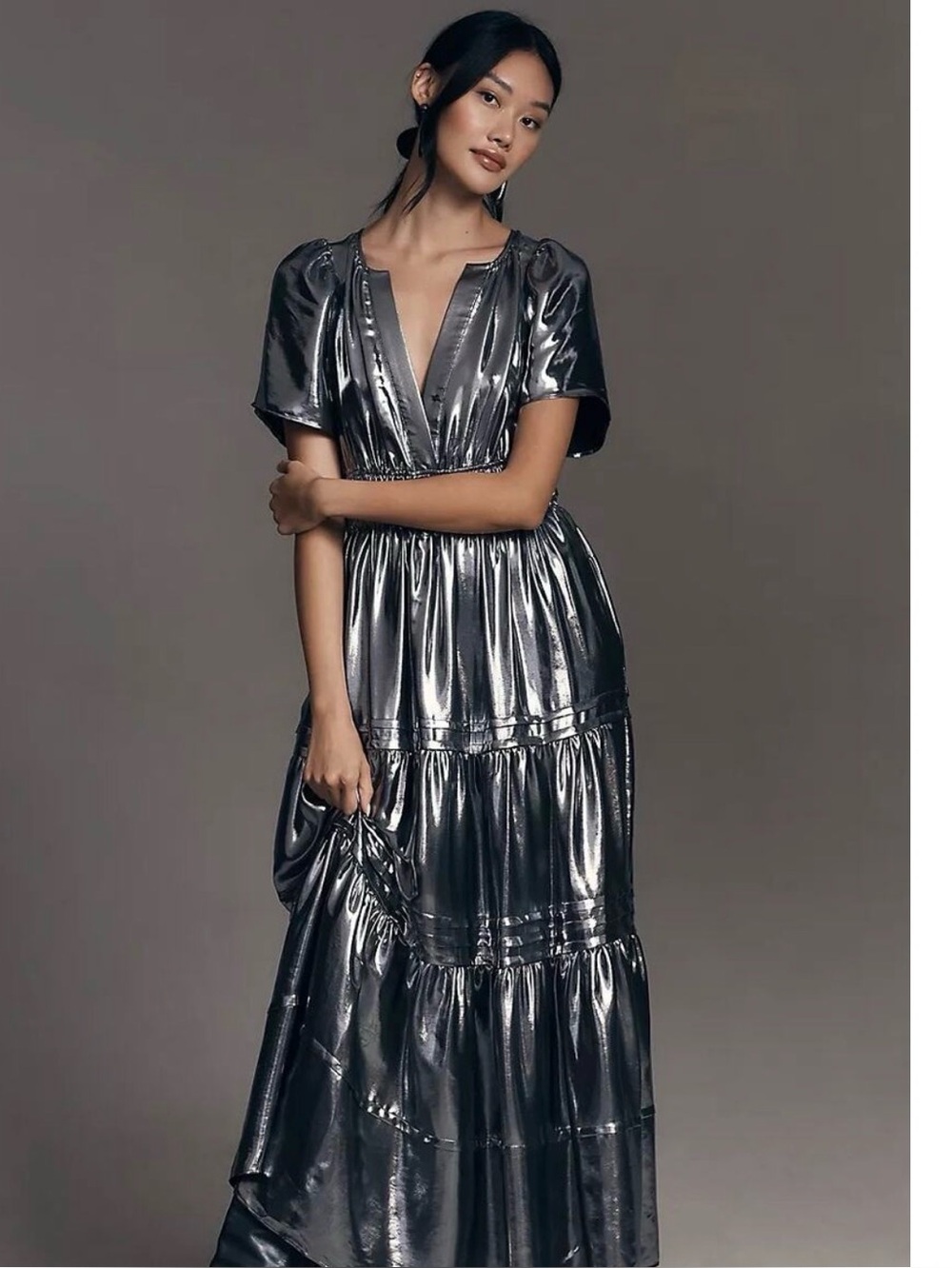Anthropologie Somerset Metallic Silver Tiered V-Neck Maxi Dress